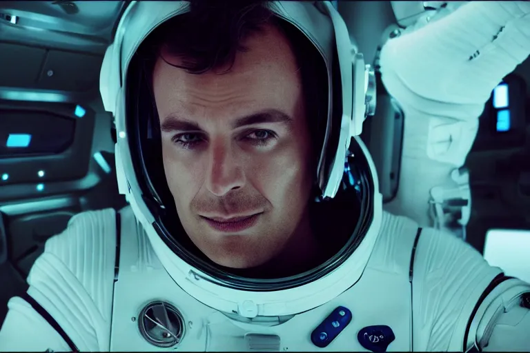 Image similar to VFX movie of a futuristic spaceman closeup portrait in high tech spaceship, beautiful natural skin neon lighting by Emmanuel Lubezki