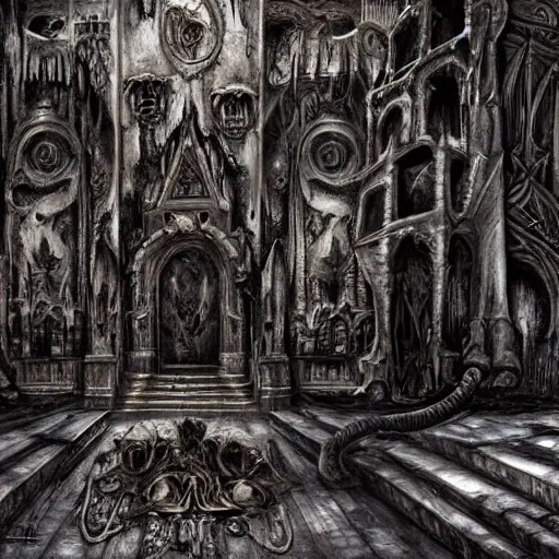 Prompt: an evolution of evil. abstract, decay, giger textures, h. r. giger infinitely complex detail, ornate cathedral interior, ghostly figure, morphing skulls