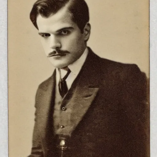 Image similar to headshot edwardian photograph of sebastian stan, henry cavill, small moustache, 1 9 2 0 s film actor, suave, charming, realistic face, 1 9 1 0 s photography, 1 9 0 0 s, grainy, victorian, soft blur