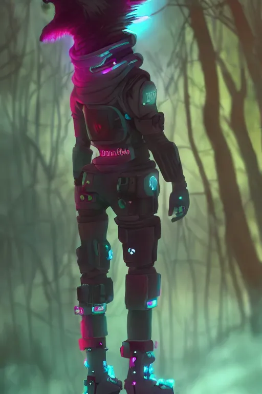 Prompt: a cyberpunk furry fursona with a fluffy tail in a forest, backlighting, cgi, rendered in unreal engine, trending on artstation, cartoon