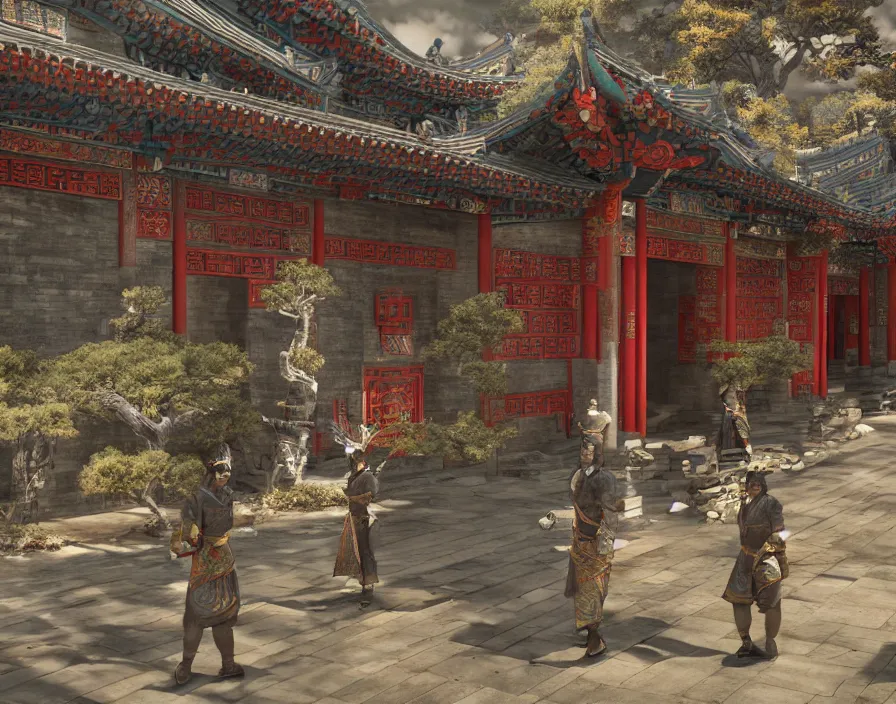 Prompt: ancient chinese military generals in old asian temple, beautiful texture, beautiful graphics, fantasy artwork, very beautiful scenery, hd, hdr, ue 5, ue 6, unreal engine 5, cinematic 4 k wallpaper, 8 k, ultra detailed, by popular digital, details, beautiful image ever created, high resolution, artstation, award winning