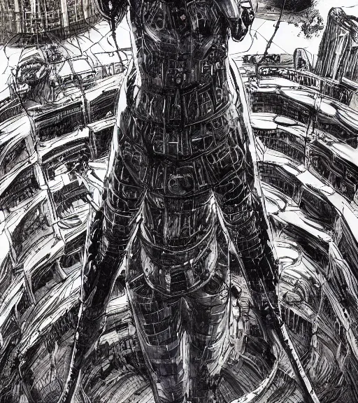 Image similar to colored manga, by tsutomu nihei, tarkovsky, majestic ancient tower of babylon of terror, a woman in cyber clothing, hyperrealistic, blame manga, full color, cyber architecture, intricate, illustration, concept art, hyper - detailed, smooth, masterpiece, epic, cinematic, high quality