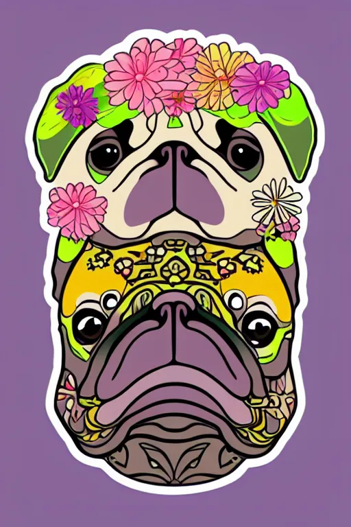 Image similar to portrait of a flower pug, art by milka oxana, sticker, colorful, illustration, highly detailed, simple, smooth and clean vector curves, no jagged lines, vector art, smooth