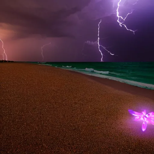 Image similar to a flower on the beach by the sea, dramatic lightning, cinematic lights, photo 1 5 mm,