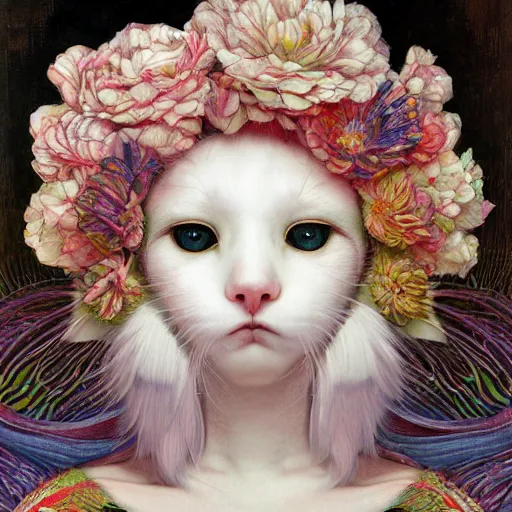 Image similar to white cat, botanical, portrait face, colorful, frantisek kupka, intricate, miles johnston, kuroda seiki, cynical realism, ozabu, john william godward, painterly, yoshitaka amano, moebius, miles johnston, louise zhang, james jean, mark ryden lowbrow pop surrealism art style