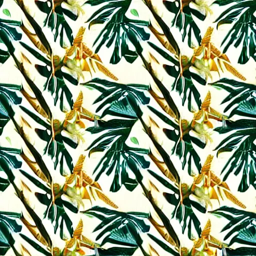 Image similar to repeating pattern seamless. watercolor. tropical palm leaves, warm light, gold and green, hyperrealistic, detailed