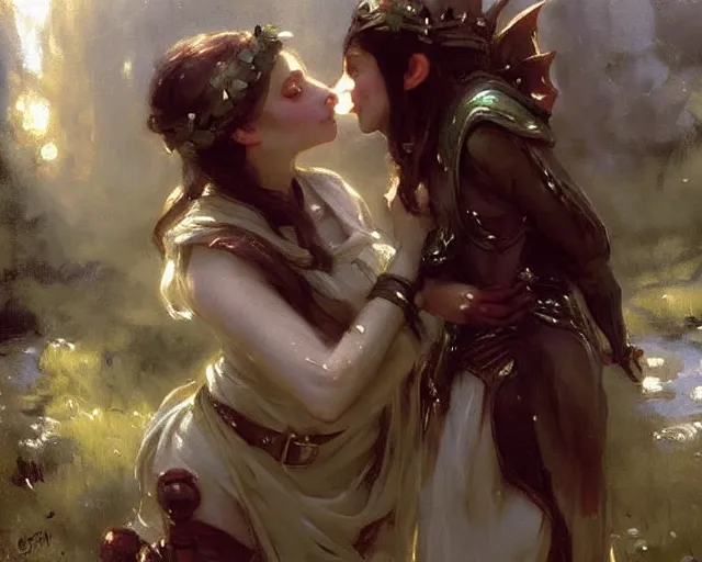 Prompt: romantic fantasy oil painting of a female elf and a female dwarf kissing. fantasy art by greg rutkowski and john singer sargent