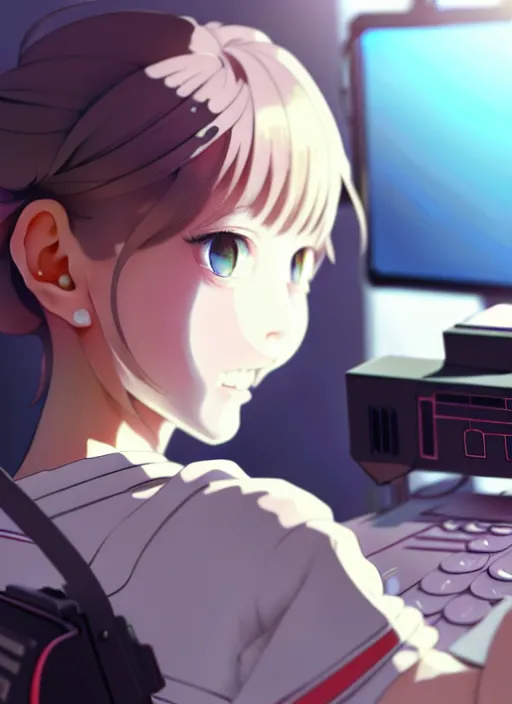 Image similar to a film still polaroid portrait of a young gamersgirl at a gaming pc, finely detailed features, perfect art, busy room, gapmoe yandere grimdark, trending on pixiv fanbox, painted by ilya kushinov makoto shinkai takashi takeuchi studio ghibli, akihiko yoshida, sachin teng, huang guangjian, artstation