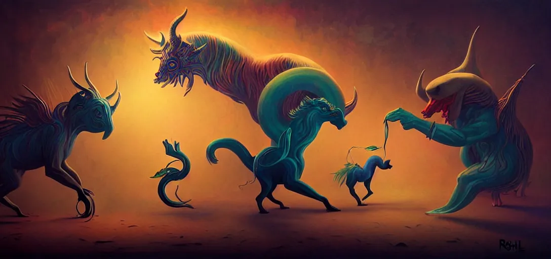 Image similar to strange mythical beasts of whimsy, surreal dark uncanny painting by ronny khalil