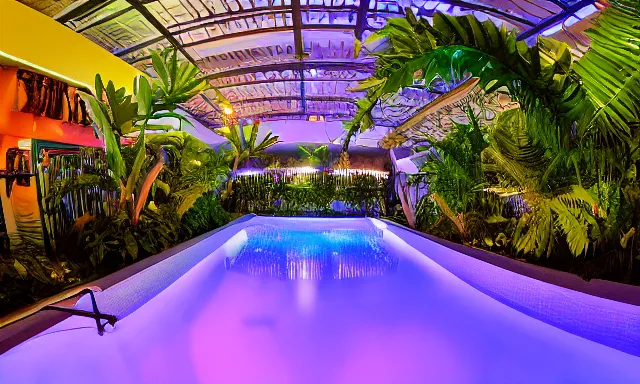 Image similar to indoor pool with ferns and palm trees at night, shops, pool tubes, chromatic abberation, dramatic lighting, dim lighting, horror lighting, depth of field, 80s photo, wideangle, fisheye