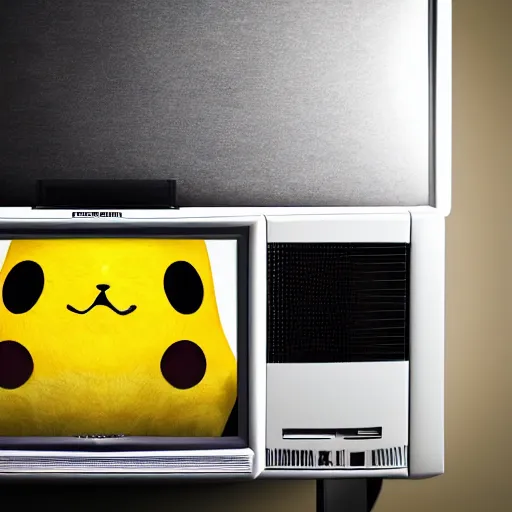 Prompt: Portrait Photography of Pikachu Crawling out of a Television