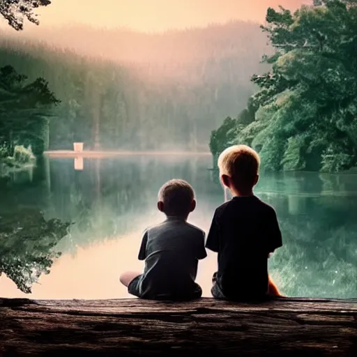 Prompt: a silver dragon and a boy sitting together next to a lake watching firefly, night, forest