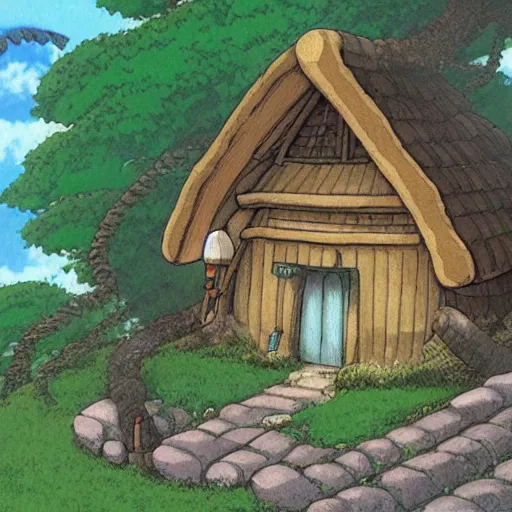 Image similar to studio ghibli hermit cottage by Hayao Miyazaki