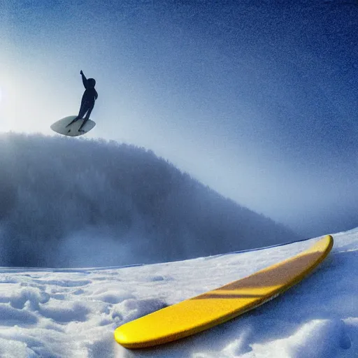 Image similar to man surfing a yellow surfboard down a snowy mountain, high quality digital art, dream-like atmosphere, fog, snow