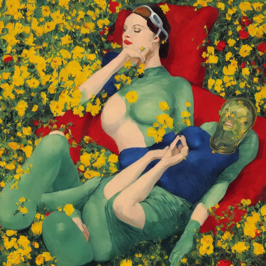 Prompt: Reclining Woman in Green Stockings wearing a glass helmet, sitting on a red divan. There is a blue wallpapered wall with a window in the background and yellow flowers in the foreground . oil painting by Benson