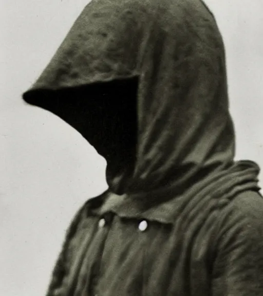 Prompt: a man at distance wearing hooded beaked mask covering his entire face, full body portrait at distance, ww1 film photo, grainy, high detail, high resolution