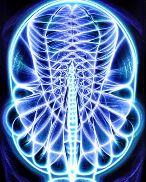 Image similar to alex grey style fractal pattern xray portrait of a glowing alien with space behind them. convergence of a higher mind