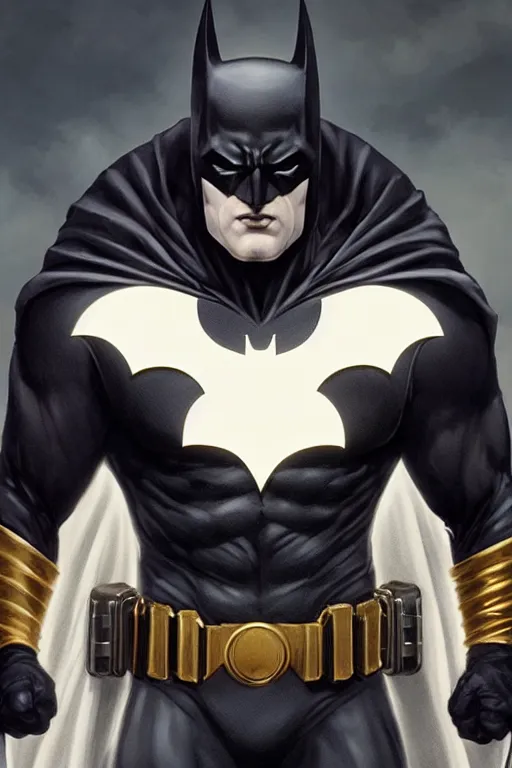 Image similar to characters portrait of MoonKnight mixed with Batman by ArtGerm and Tom Bagshaw, merged character, Full body shot, cinematic opening shot, 4k, highly detailed, cinematic lighting