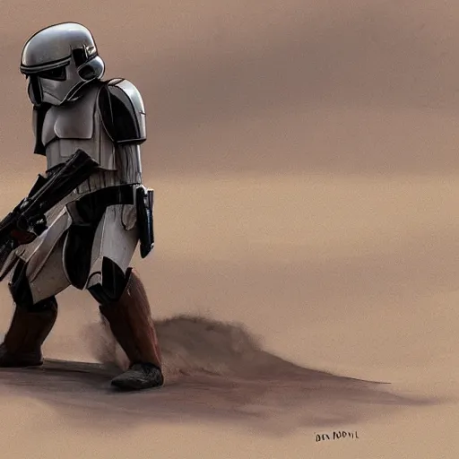 Image similar to an extremely long shot of an imperial stormtrooper in battle position ready to shoot his blaster concept art by Doug Chiang cinematic, realistic painting, high definition, very detailed, extremely high detail, photo realistic, concept art, the Mandalorian concept art style