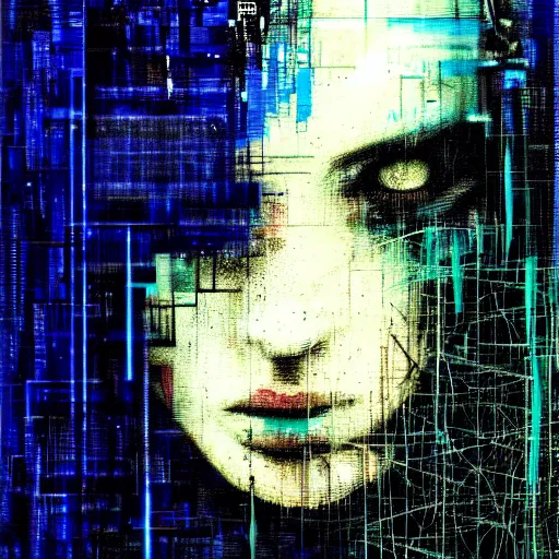 Prompt: portrait of a hooded beautiful women, mysterious, glitch effects over the eyes, shadows, by Guy Denning, by Johannes Itten, by Russ Mills, glitch art, innocent, hacking effects, chromatic, cyberpunk, color blocking, oil on canvas, concept art, abstract
