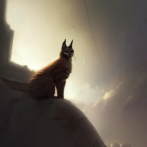 Prompt: giant cute fluffy caracal flying in the sky above the port was the color of television tuned to a dead channel, neuromancer, painted by greg rutkowski, painted by igor kieryluk, high detail, dramatic light, digital art, trending on artstation