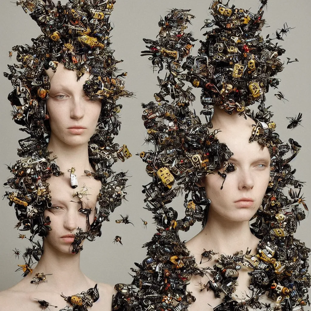 Image similar to a woman with a weird head piece on her head, a flemish Baroque by Alexander McQueen, trending on pinterest, panfuturism, made of paperclips, made of insects, made of feathers,