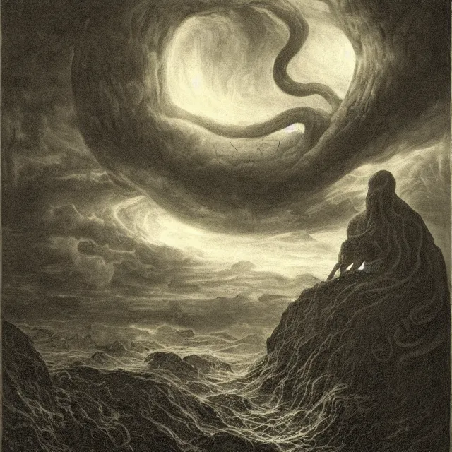 Image similar to an engraving portrait of cthulhu, caspar david friedrich, foggy, depth, strong shadows, stormclouds, illuminated focal point, highly detailed