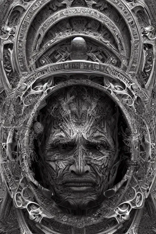 Image similar to Multiverse carved into a priest forehead, cinematicbleeding, horror, creepy, moody, octane render, 8k,realism, insanely detailed, intricate, ornate geometric shapes, natural lighting,