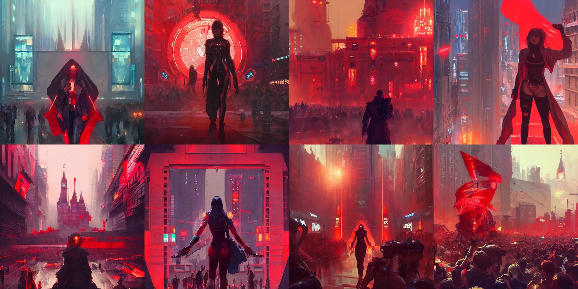 Prompt: cyberpunk red square, enthusiastic crowd, red flags celebratio, highly detailed, digital painting, artstation, concept art, illustration, art by Artgerm and greg rutkowski and alphonse mucha
