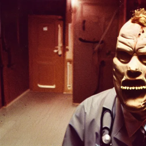 Image similar to filmic extreme wide shot dutch angle movie still 35mm film color photograph of a doctor with a missing head, his neck is spurting blood, in the style of an realistic grotesque horror film