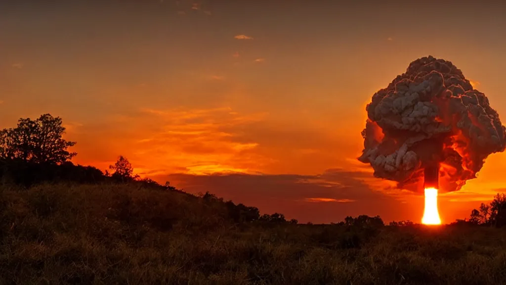 Prompt: movie still of a nuclear explosion, sunset, golden hour, dramatic