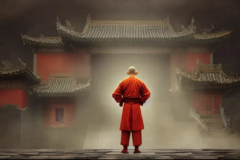 Image similar to a monkey dressed as a shaolin monk, standing in front of an ancient chinese palace, cinematic, dramatic lighting, digital art, artstation, greg rutkowski