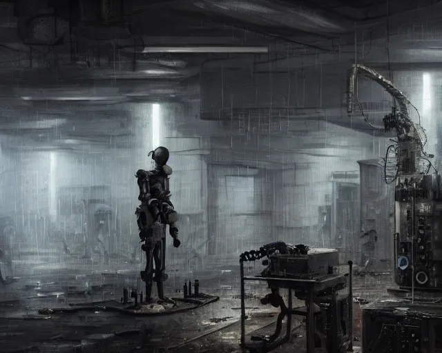 Prompt: gloomy ruined server room in datacenter robot figure automata headless robot knight colossus welder posing pacing fixing soldering mono sharp focus, emitting diodes, smoke, artillery, sparks, racks, system unit, motherboard, by pascal blanche rutkowski repin artstation hyperrealism painting concept art of detailed character design matte painting, 4 k resolution blade runner