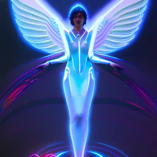 Image similar to tron angel, psychedelic lsd, diffuse lighting, hyper realistic, elegant, intricate, hyper detailed, smooth, sharp focus, concept art, illustration, trending on artstation, art by greg rutkowski and james gurney and alphonse mucha