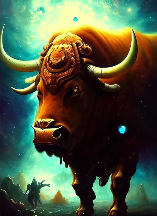 Prompt: taurus the bull!!! highly detailed, high contrast, light reflection, trippy, nebula, trending on art station by artgem, by peter mohrbacher, by wlop, by ruan jia