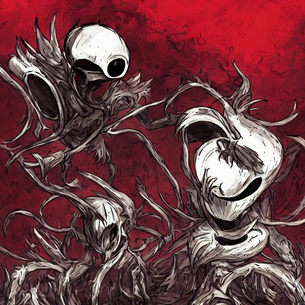 Image similar to hollow knight. Corrupted. High detail. Cover art. No text. High detail. Ominous. Sharp. Red