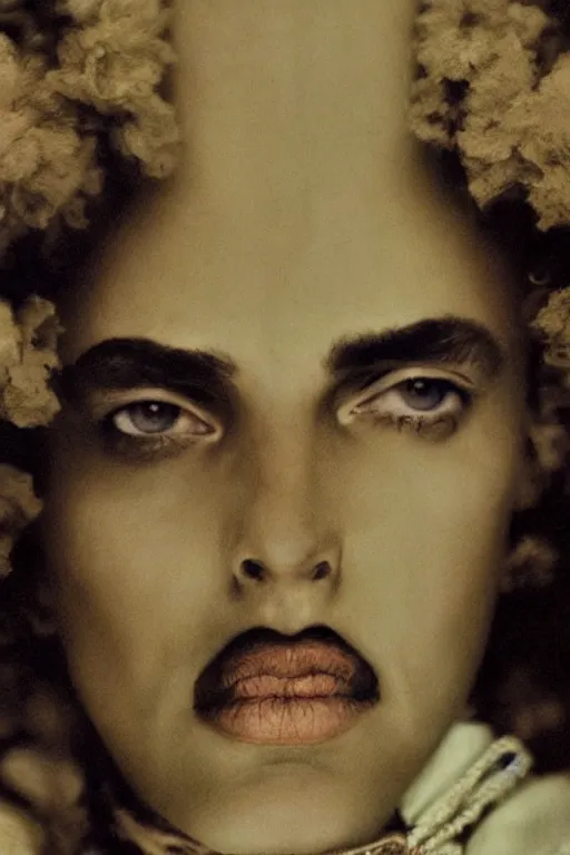 Image similar to hyperrealism close - up fashion portrait by roversi photo from the holy mountain by alejandro jodorowsky in style of francisco goya