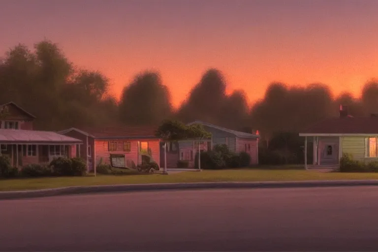 Prompt: a detailed cinematic render of a utopian 1 9 5 0 s american neighborhood at sunset by steven outram, photoreal, 4 k, technicolor