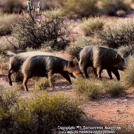 Image similar to photo of a pack of wild pigs, in the Texas desert, cactus, desert mountains, big bend, 50mm, beautiful photo,