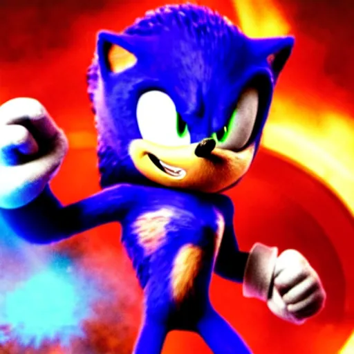 Image similar to The famous scene in the Avengers when Sonic the Hedgehog finally arrived to the fight and beat Thanos, movie sonic, extremely detailed with lots of background explosions and effects, grinning, wearing red gloves, 4k, 8k, HDR, purple lighting that highlights Sonic's fur