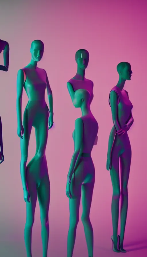 Prompt: a group of mannequins with their eyes closed, a computer rendering by beeple, cgsociety, holography, iridescent, holographic, 3 d