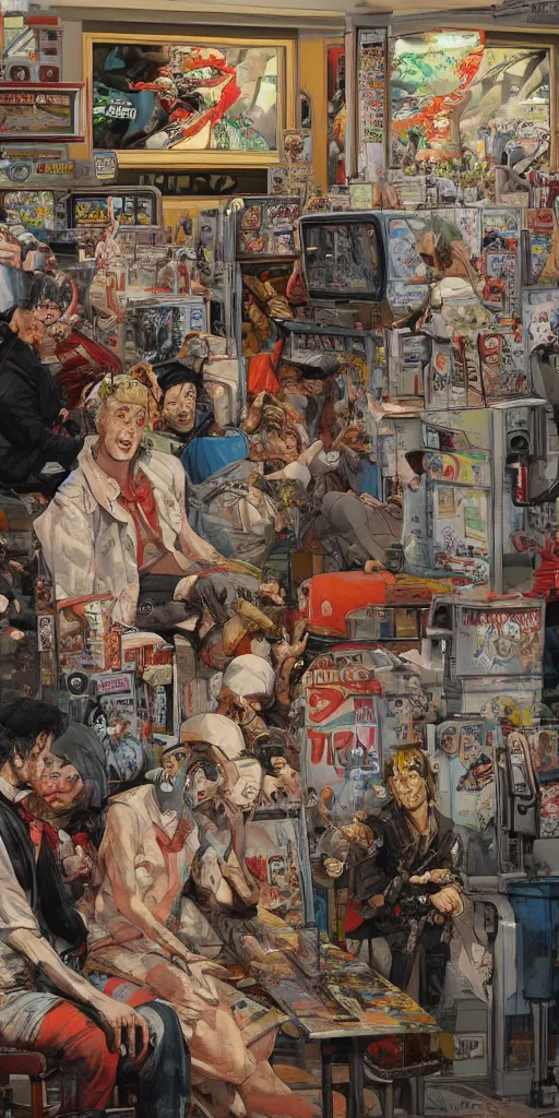 Image similar to oil painting scene from amusement arcade by kim jung gi