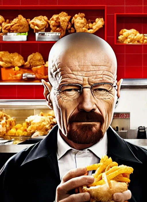 Image similar to portrait of walter white eating chicken sitting down in a fast food restaurant, 4K HD