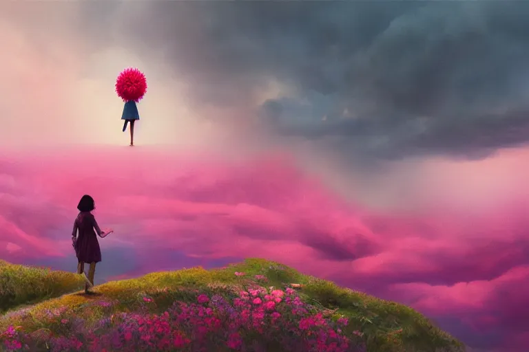 Image similar to giant dahlia flower head, girl walking on mountain, surreal photography, pink storm clouds, dramatic light, impressionist painting, digital painting, artstation, simon stalenhag