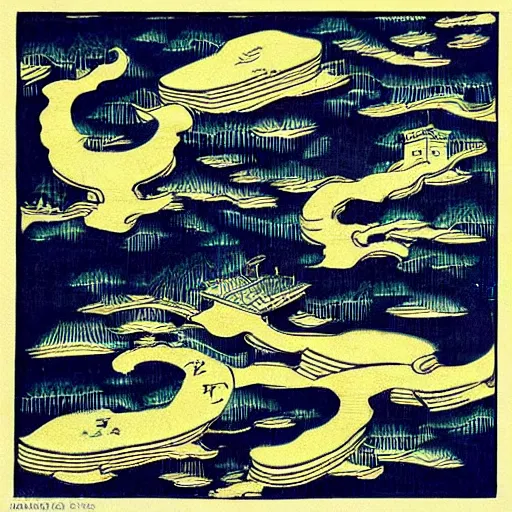 Image similar to “City of london in the style of a woodblock print by the Japanese ukiyo-e artist Hokusa, by James Jean”