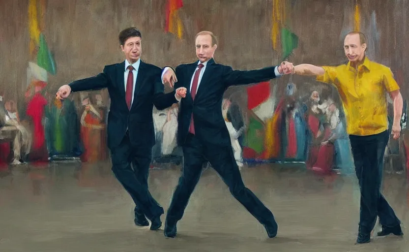 Image similar to zelensky and putin dancing, trending on art station