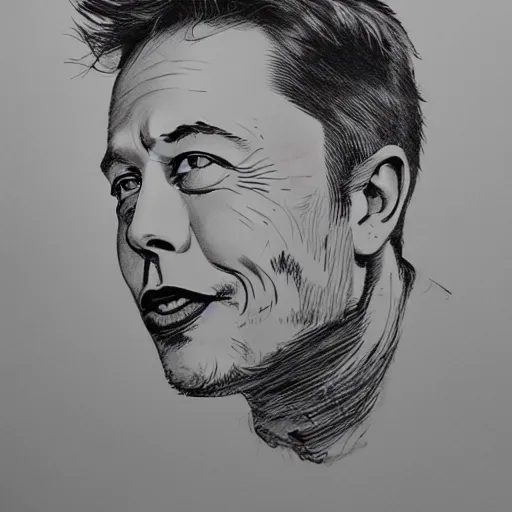 Image similar to Elon Musk portrait profile, black and white sketch, cellshaded, drawn in fine-tip pen, made by WLOP, trending on artstation