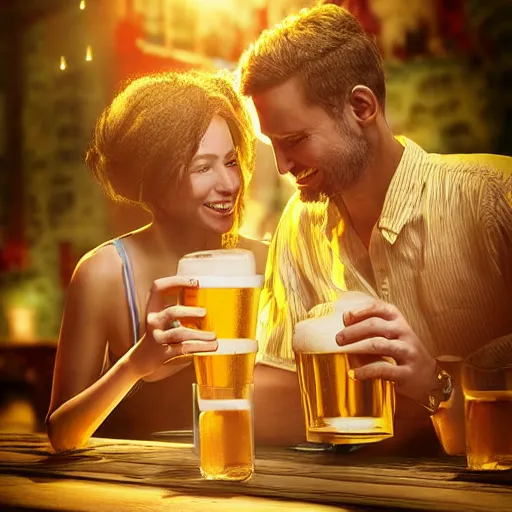 Prompt: a beautiful couple drinking beer celebrating their love. Digital art. High detail. Unreal 5. Award-winning.