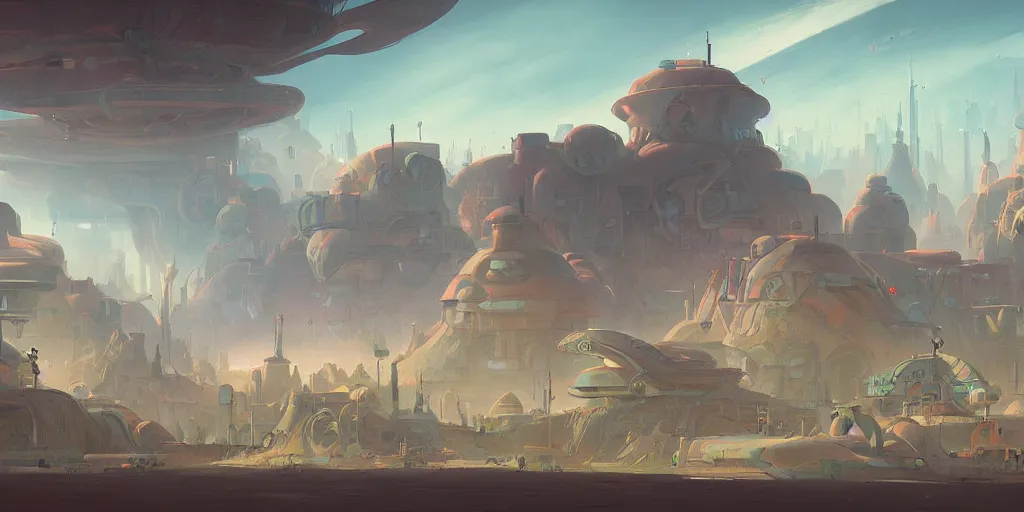 Image similar to a martian colony, digital painting by peter mohrbacher, moebius, daniel taylor, darius puia, and studio ghibli, sci fi, toon shading