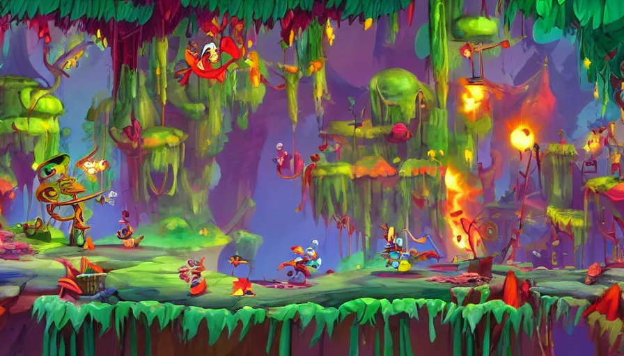 Image similar to backgrounds for animation in the style of rayman game series, background concept art, Rayman Legends, Rayman Origins, lively, joyful, colorful, jungles, cities, highly detailed, intricate, plants, colorful houses